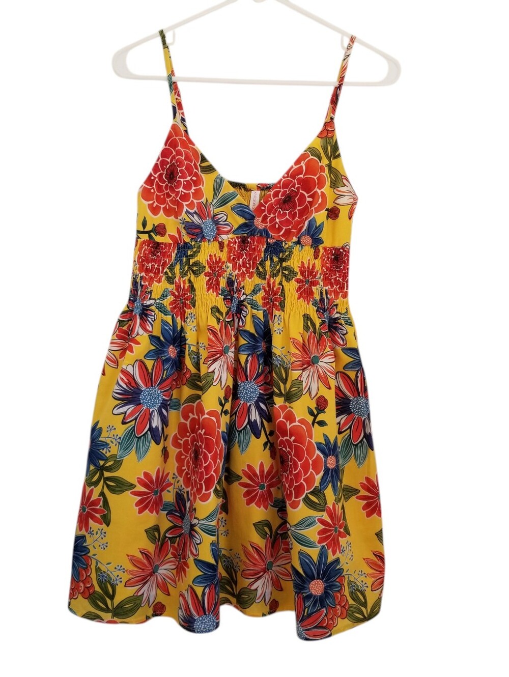 Xhilaration floral Spaghetti Strap Babydoll Yellow Lined Mini Sundress Size S